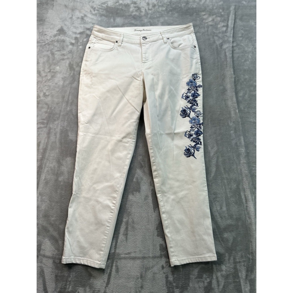 Tommy Bahama Jeans Womens Sz 12 White Floral Embroider Ella Twill Slim Boyfriend